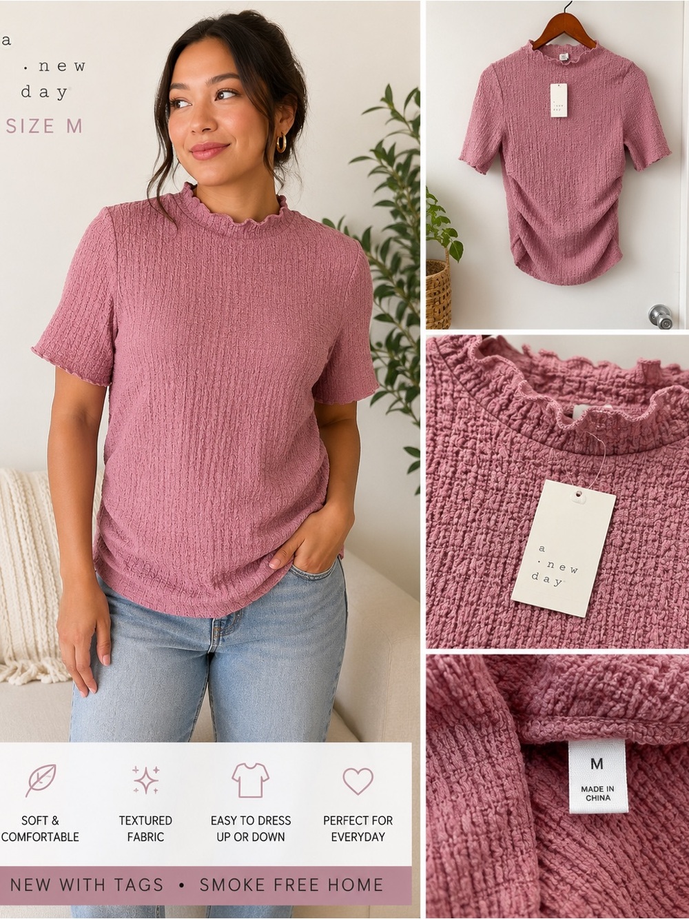A New Day Textured Mock Neck Top – Size Medium – NWT